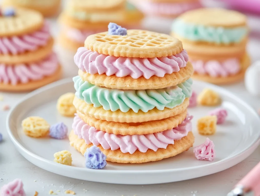 Wafer cookie sandwich filled with pastel buttercream, placed on a white plate with a piping bag.