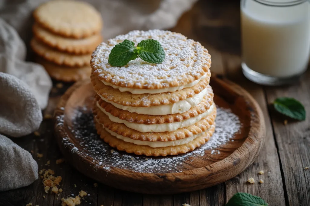 Stack of wafer cookies with buttercream filling and sugar dusting, served on a rustic plate with milk.