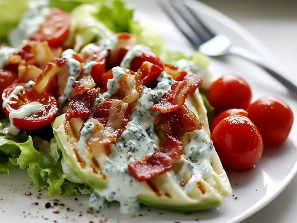  Wedge salad drizzled with creamy blue cheese dressing, topped with bacon bits and cherry tomatoes.