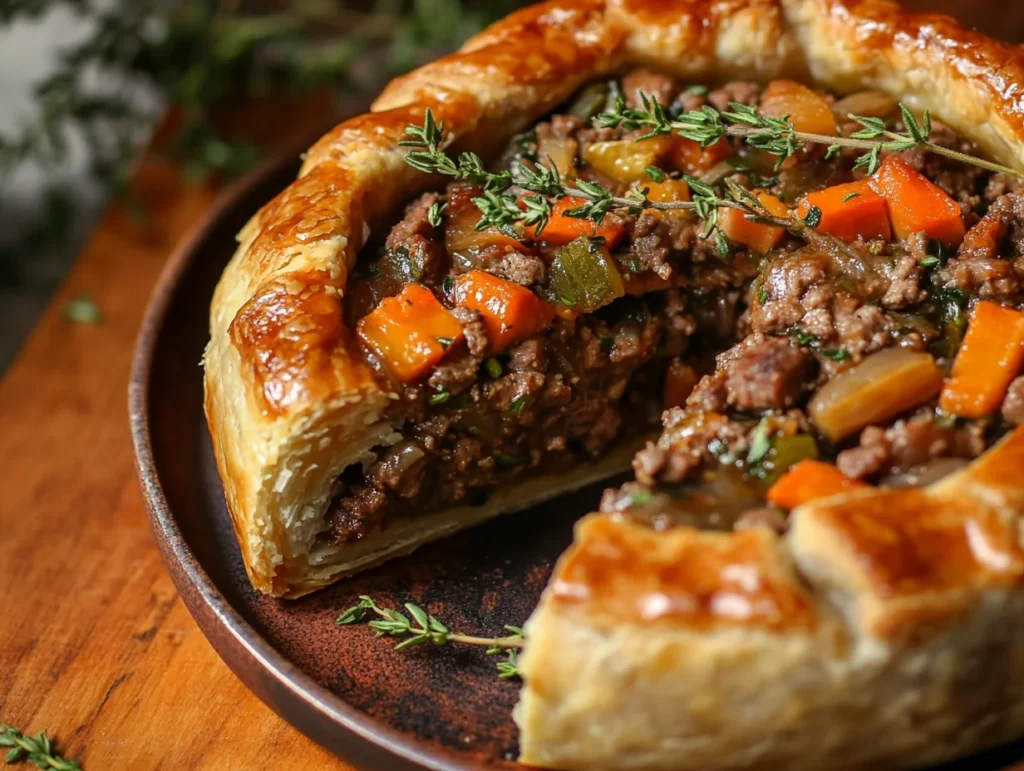 Hearty meat pie with a savory minced beef and pork filling, surrounded by a thick, golden crust and garnished with rosemary