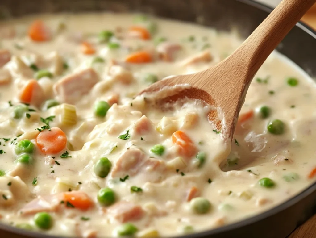 creamy turkey and ham pot pie filling with vegetables in a skillet, showing rich texture and golden sauce