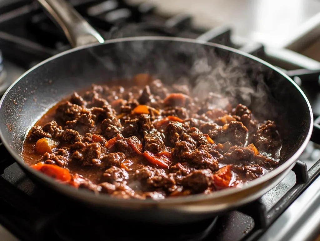 Cowboy Spaghetti sauce in a skillet with beef, fire-roasted tomatoes, and beef broth, showcasing the rich, flavorful sauce forming for the dish