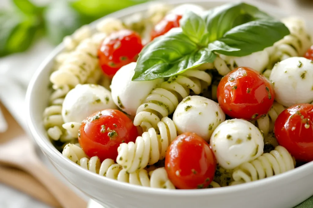 4 ingredient pasta salad featuring rotini pasta, cherry tomatoes, mozzarella balls, and basil pesto in a white bowl.