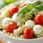 4 ingredient pasta salad featuring rotini pasta, cherry tomatoes, mozzarella balls, and basil pesto in a white bowl.