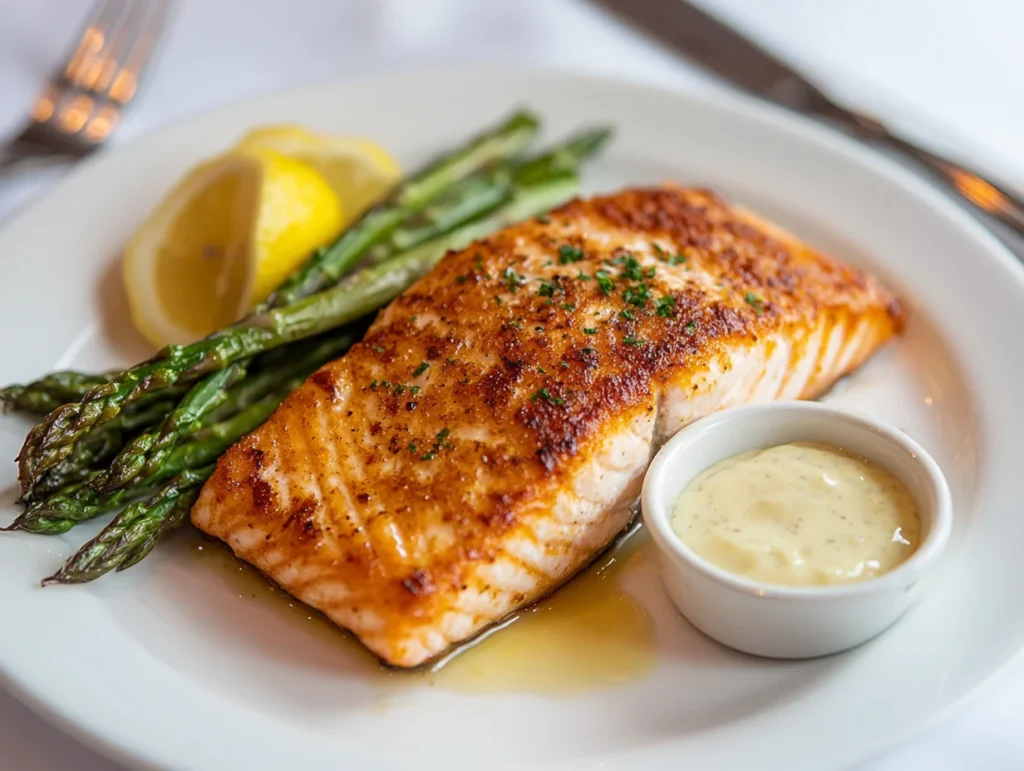 Air-fried salmon fillet served with roasted asparagus, lemon wedge, and dipping sauce on a white plate.