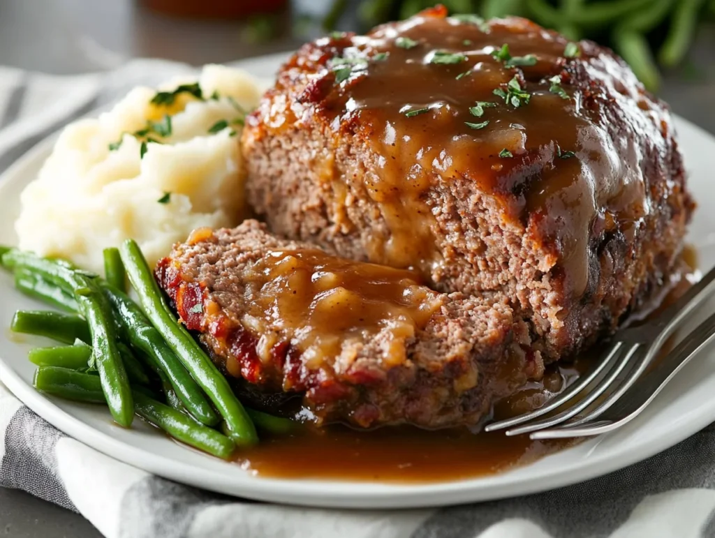 bacon cheeseburger meatloaf with mashed potatoes and green beans, garnished with gravy, served on a white plate.