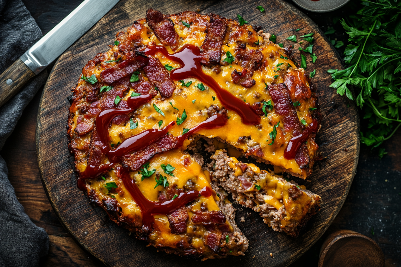 sliced bacon cheeseburger meatloaf with melted cheddar and crispy bacon, brushed with a tangy ketchup glaze.