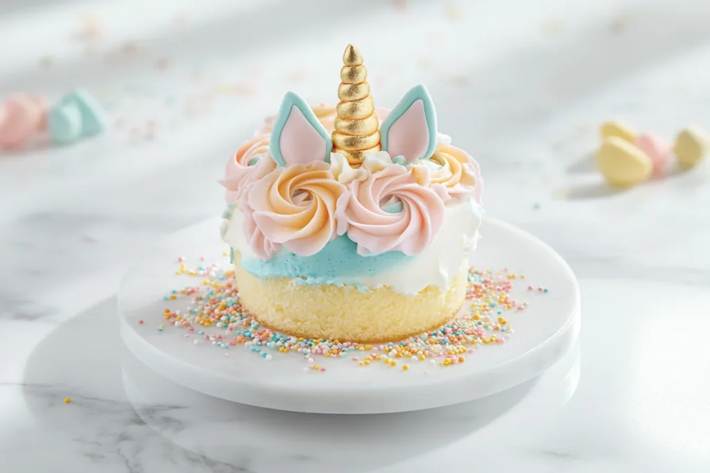 unicorn cake with pastel rosettes, a gold horn, and sprinkles on a white cake stand, perfect for parties and celebrations.