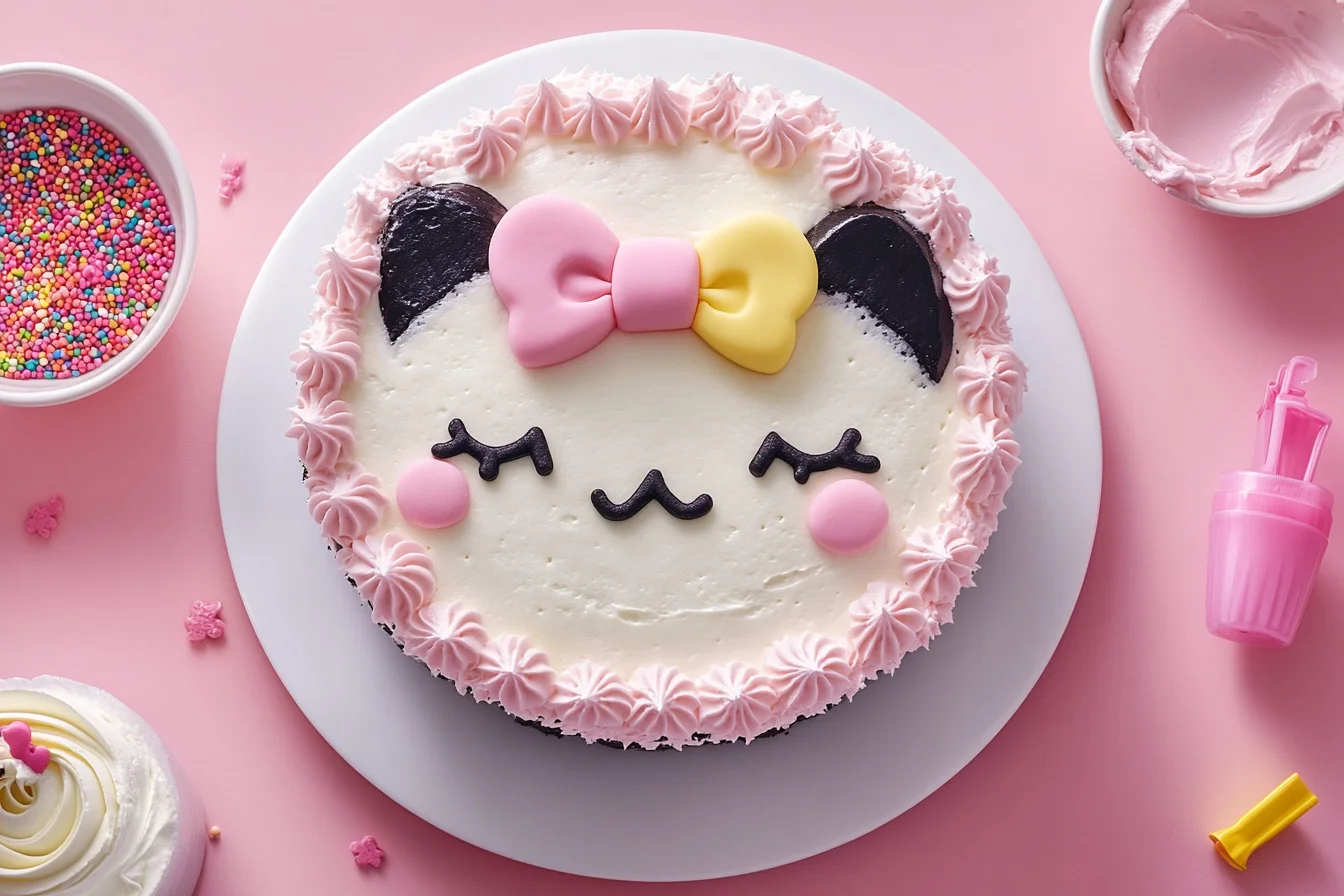 A beautifully decorated Hello Kitty cake with buttercream frosting, pink fondant bow, and licorice whiskers on a white cake stand.