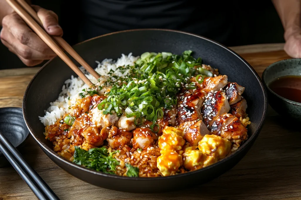 freshly made Benihana chicken fried rice in a skillet with chicken, scrambled eggs, and vegetables, garnished with green onions.