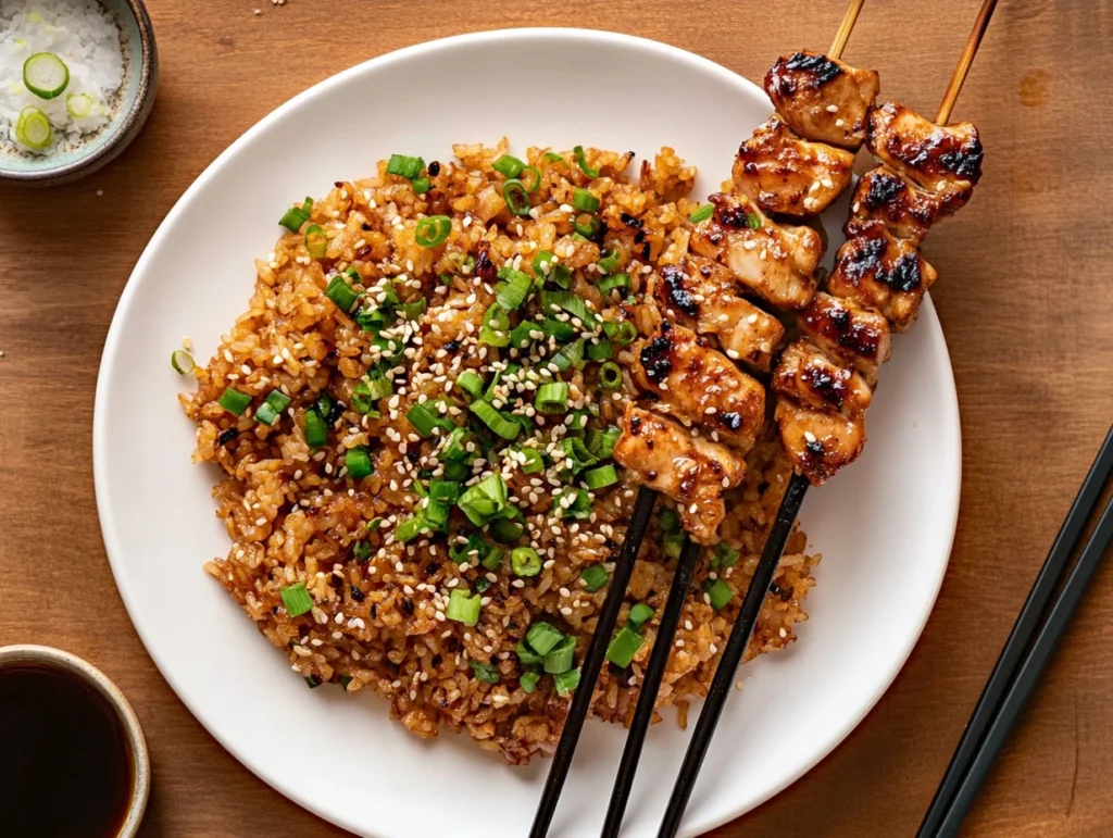 Blackstone fried rice served on a white plate, garnished with green onions and sesame seeds, with grilled teriyaki chicken skewers on the side.