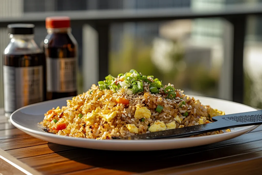 Blackstone fried rice on a plate with crispy rice, vegetables, eggs, and green onions, next to soy sauce and sesame oil bottles.