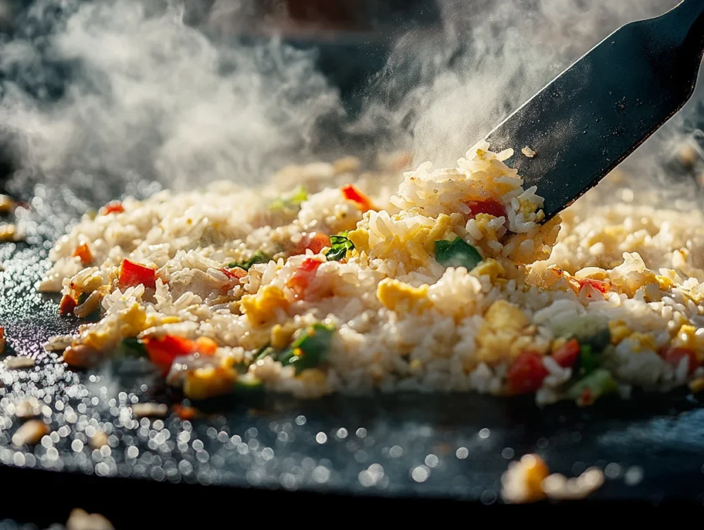 Blackstone griddle with rice, vegetables, and eggs being mixed with a spatula, steam rising for a fresh, dynamic cooking process.