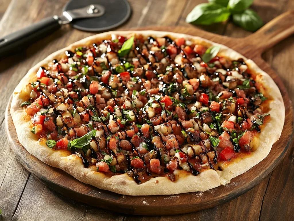 A freshly baked bruschetta pizza with diced tomato topping, fresh basil, mozzarella, and balsamic drizzle on a wooden pizza board.