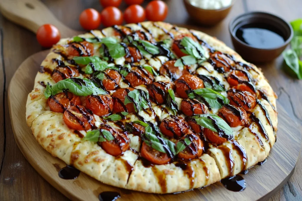 Freshly baked bruschetta pizza with crispy crust, tomatoes, mozzarella, basil, and balsamic glaze on a wooden pizza board.