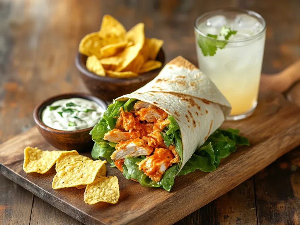 Buffalo chicken salad wrap served on a wooden board with tortilla chips and creamy dressing, paired with a refreshing glass of lemonade.