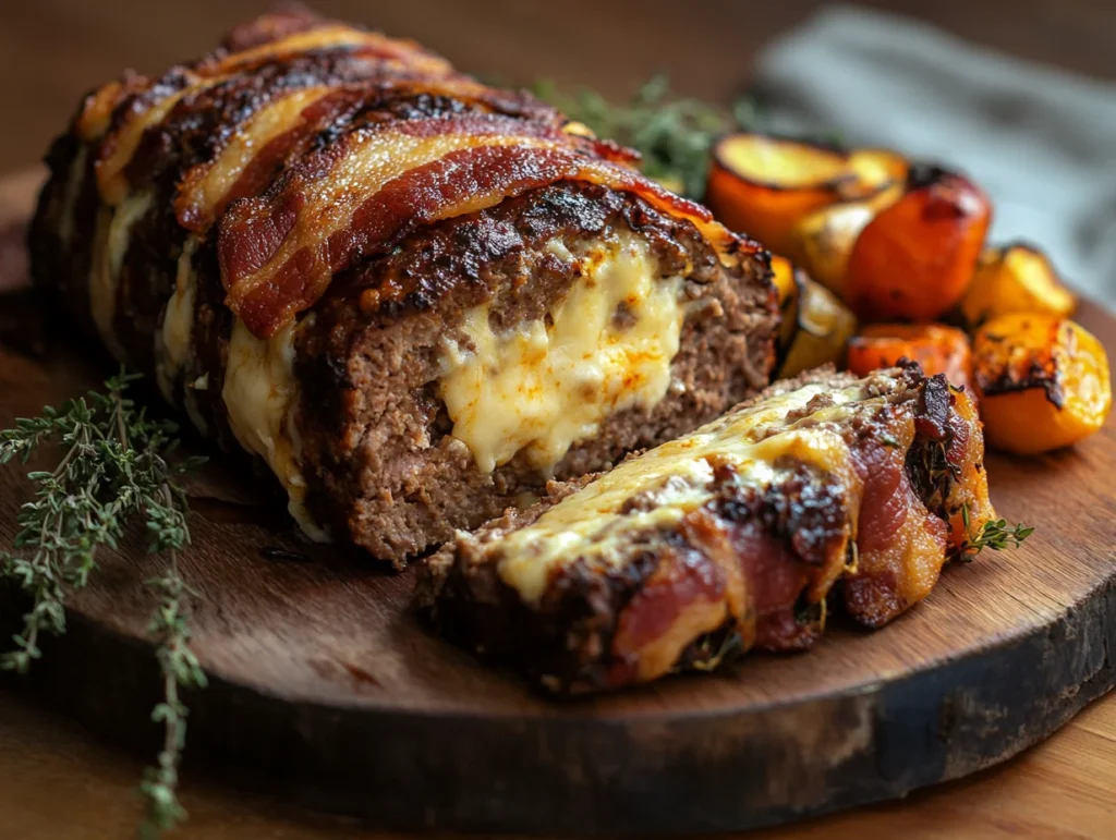 Cheese-stuffed bacon-wrapped meatloaf, sliced to reveal a juicy interior with melted cheese, served alongside roasted vegetables.