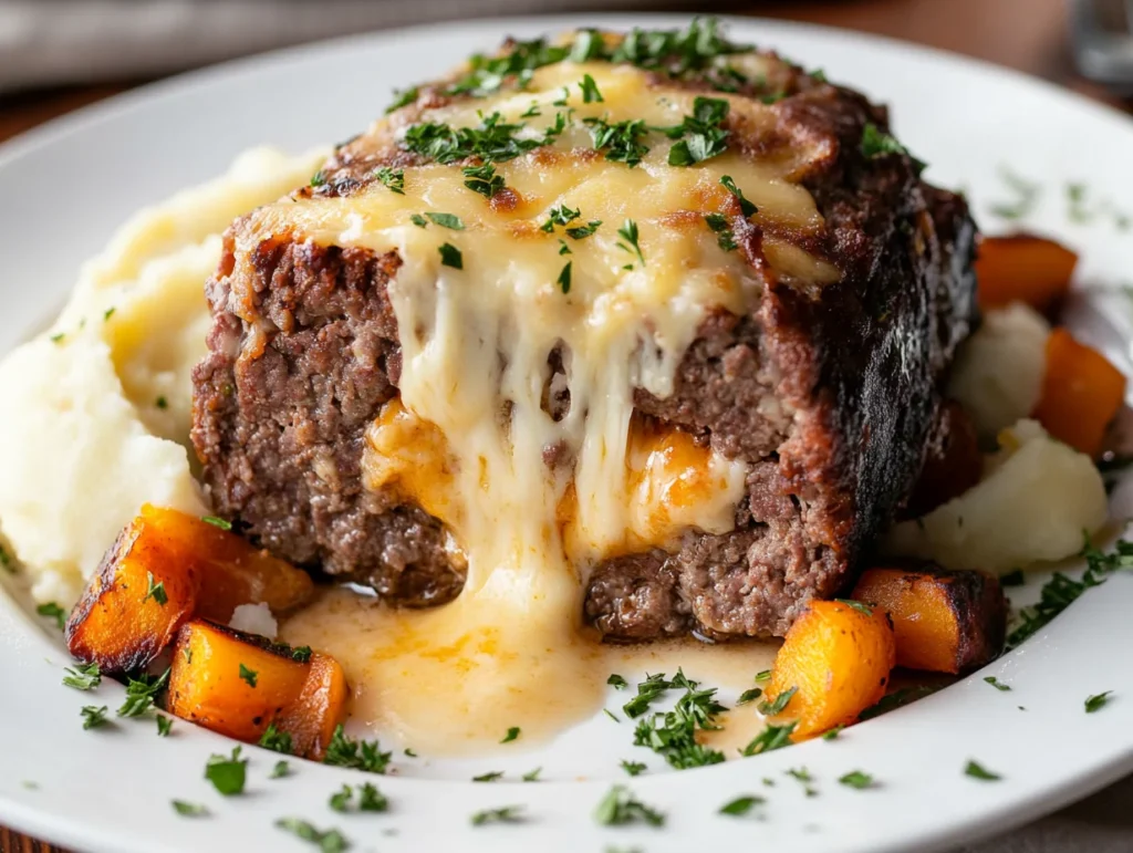 slice of cheese-stuffed meatloaf, served with mashed potatoes and roasted vegetables, garnished with fresh parsley.