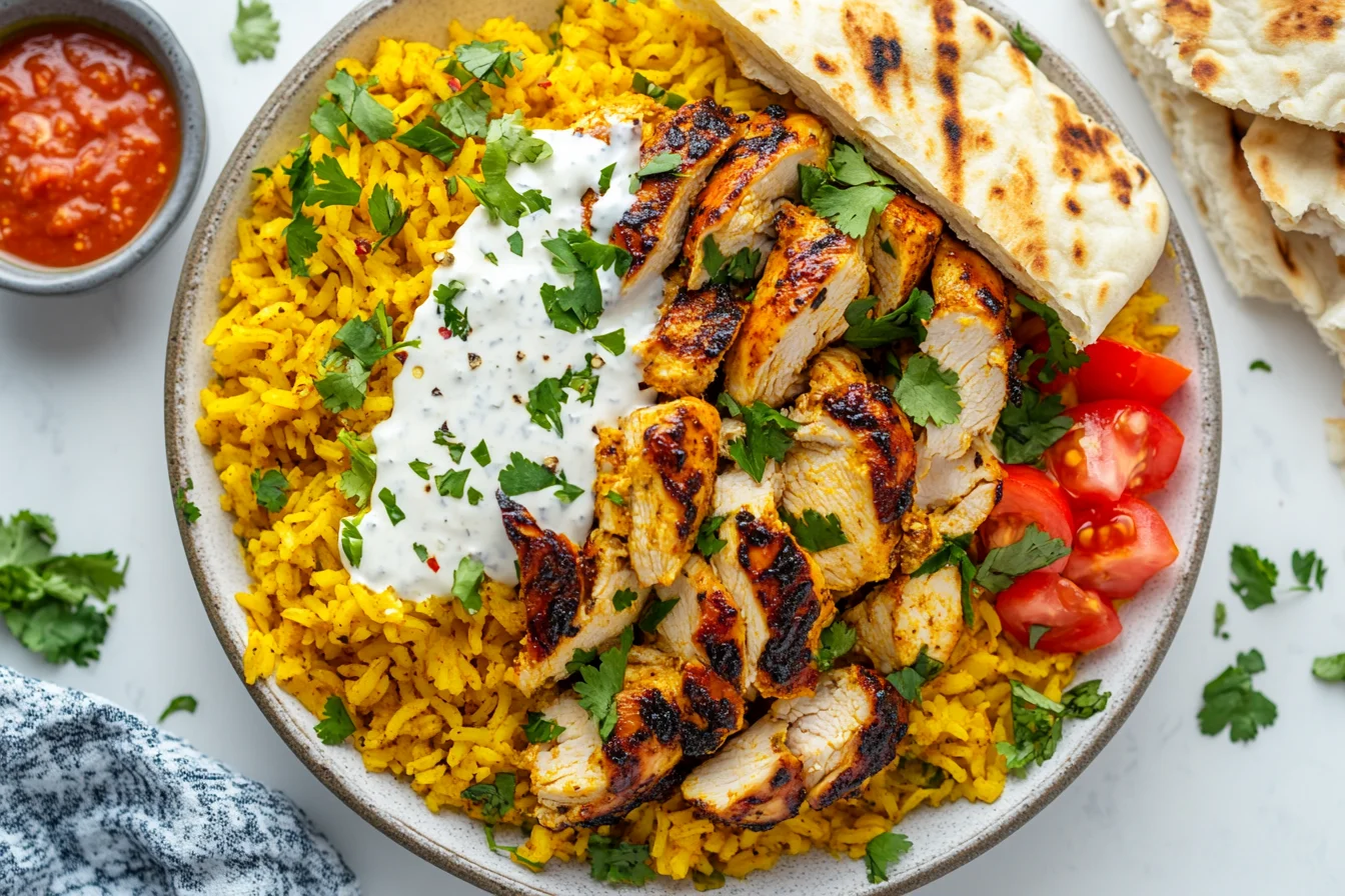 chicken over rice featuring golden turmeric rice, seared chicken slices, creamy white sauce, fresh parsley, and tomatoes.