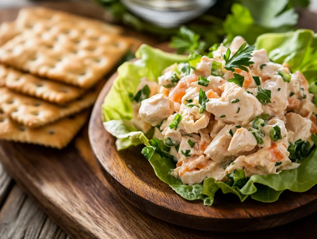 Chicken salad served in lettuce wraps and garnished with parsley, accompanied by crackers on a wooden platter for a versatile meal idea.