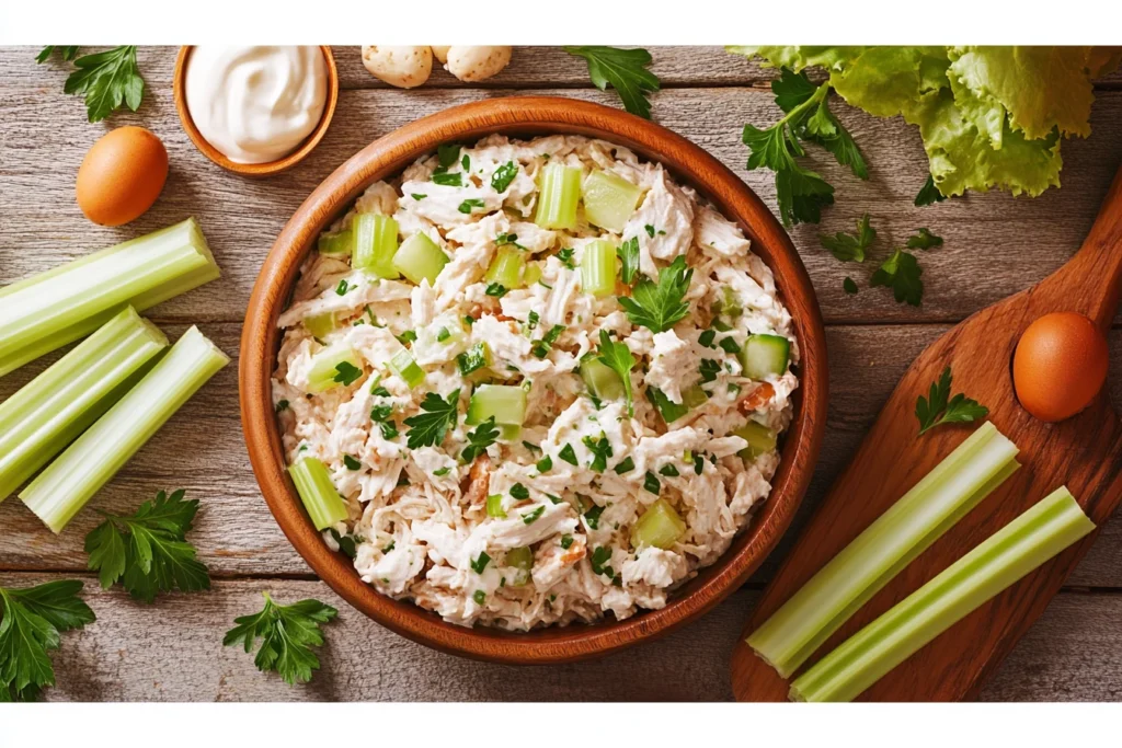 creamy chicken salad garnished with parsley, surrounded by fresh ingredients like celery and mayonnaise on a rustic table.