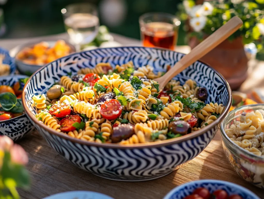 A vibrant pasta salad in a ceramic bowl surrounded by fresh ingredients and iced tea, perfect for outdoor lunch gatherings.