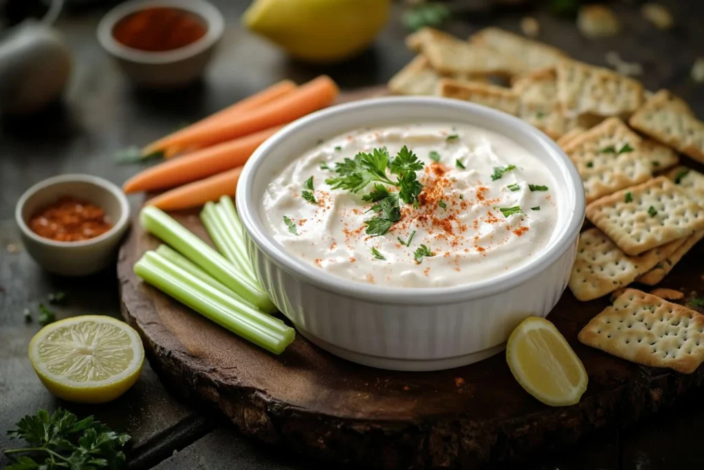 smoked fish dip garnished with parsley and paprika, surrounded by crackers and fresh vegetables on a rustic platter.