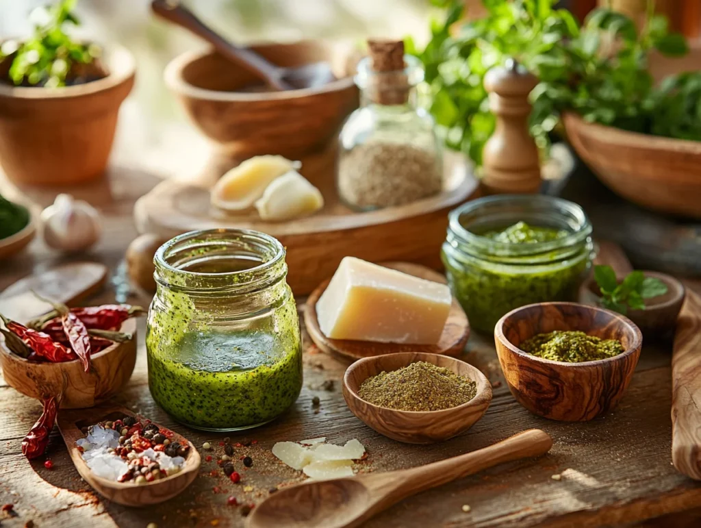 Unique soup ingredients including Parmesan rind, pesto, sesame oil, and fish sauce, arranged on a rustic kitchen counter.