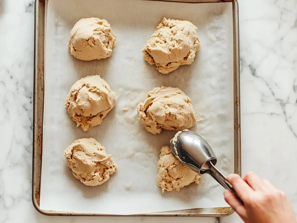 cookie dough balls with craggly tops on a baking sheet, ready for baking, with an ice cream scoop placing dough on the tray.