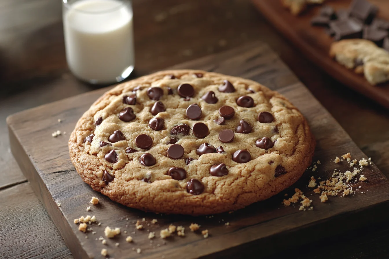 large Crumbl-style chocolate chip cookie with a gooey center and melty chocolate chips on a rustic wooden board.