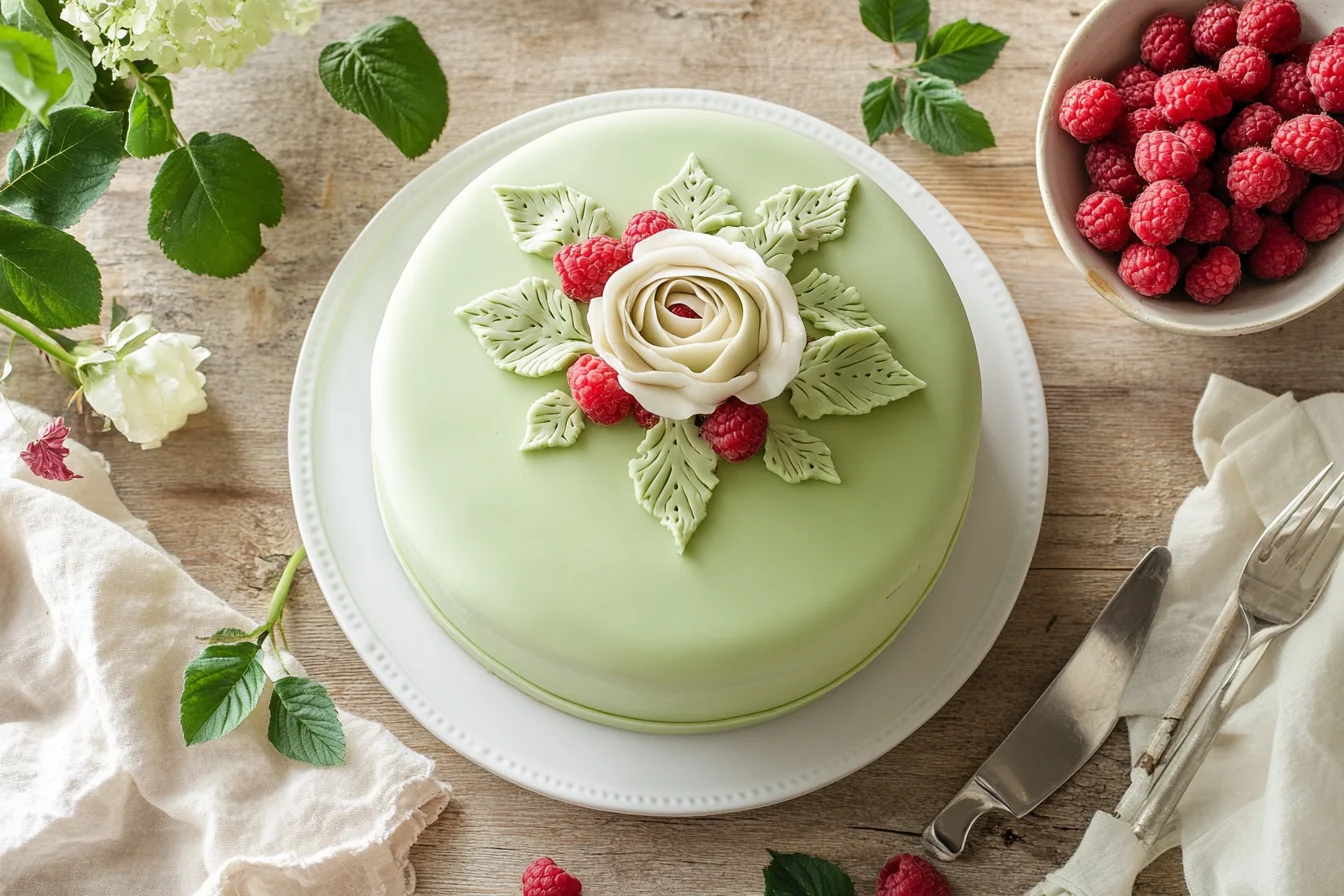 Swedish Princess Cake with a green marzipan dome, topped with a marzipan rose, on a white cake stand with fresh raspberries nearby.