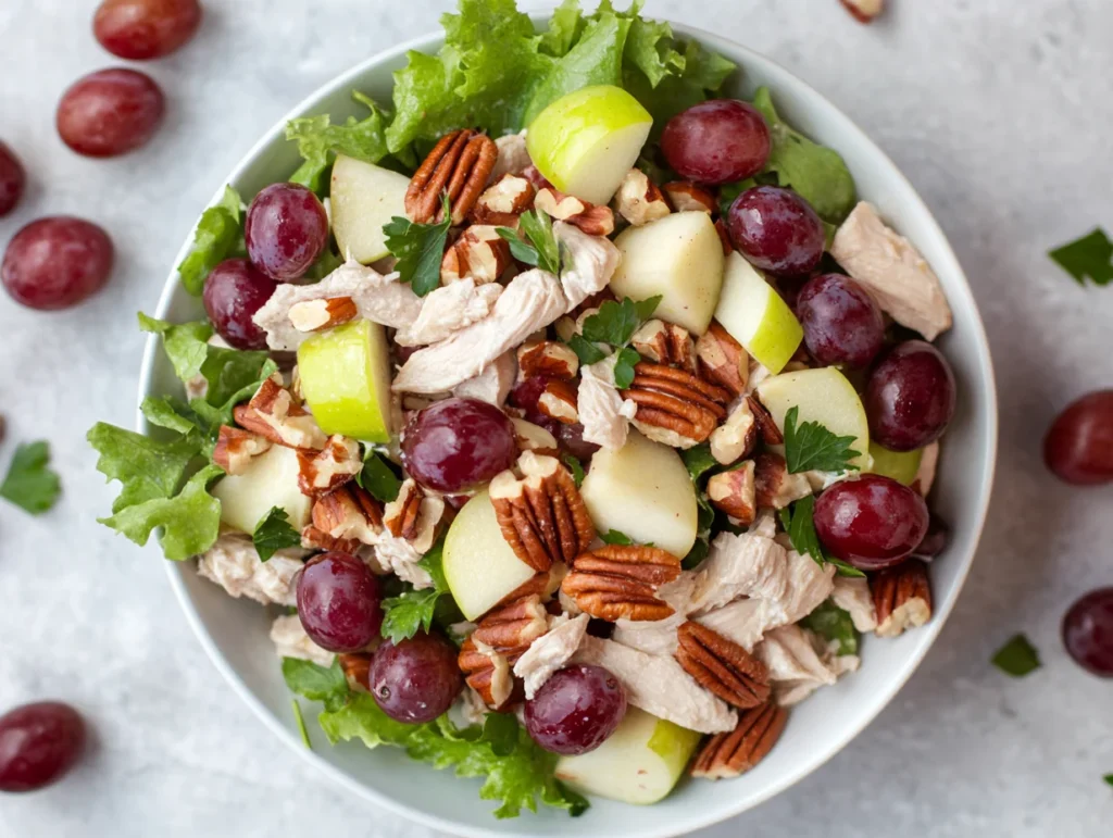 A vibrant bowl of Fancy Nancy chicken salad with grapes, apples, and pecans on a white plate, surrounded by fresh fruit and nuts.