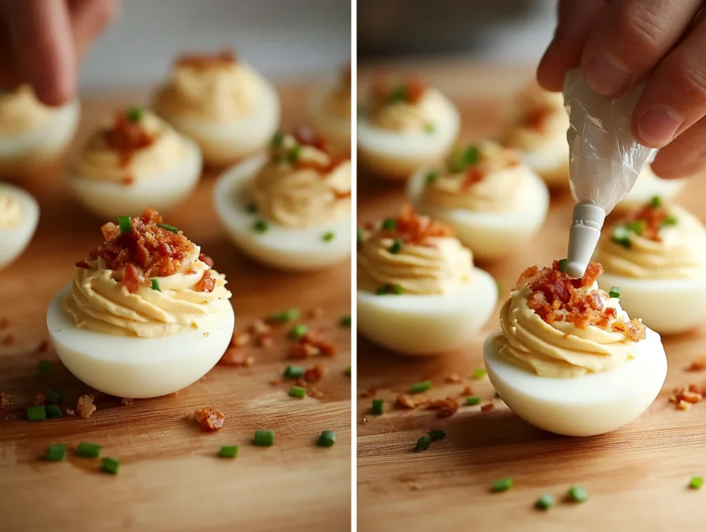 creamy yolk filling into golden fried deviled eggs, with garnishes like bacon and chives on the side.