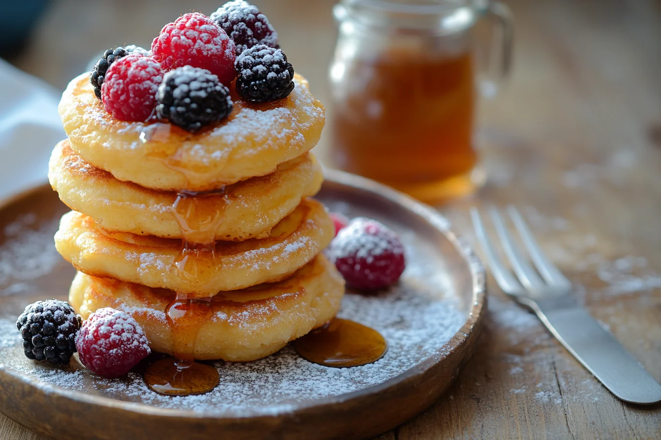 A stack of golden mini pancakes topped with syrup and fresh berries on a rustic table.