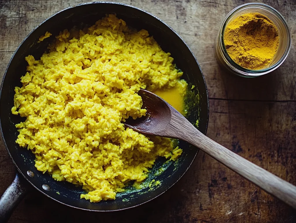 golden turmeric rice with a wooden spoon resting on the edge, surrounded by ingredients like chicken stock and turmeric powder.