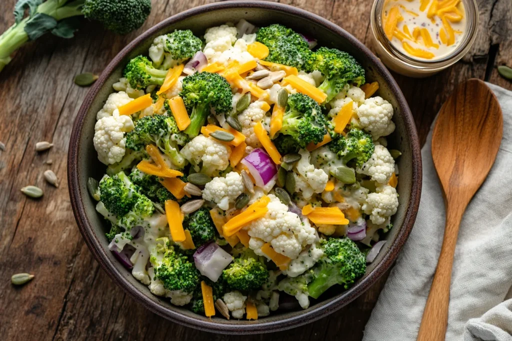 Freshly prepared broccoli cauliflower salad in a ceramic bowl with a creamy dressing, sunflower seeds, and shredded cheddar cheese.