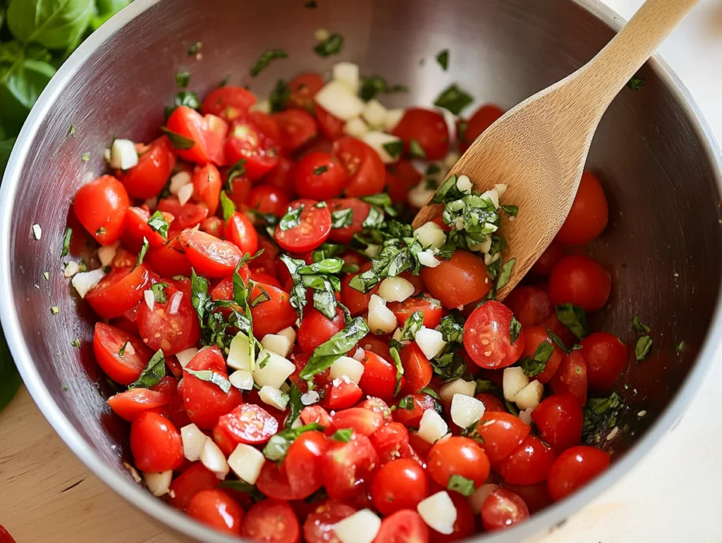 A bowl of diced Roma tomatoes, garlic, olive oil, and basil, surrounded by fresh ingredients like basil leaves and garlic cloves.