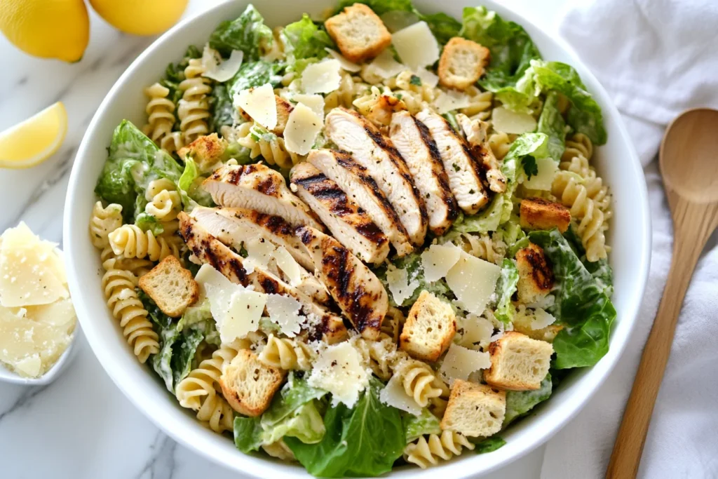 Caesar pasta salad with grilled chicken in a white bowl, featuring crisp Romaine lettuce, croutons, and shaved Parmesan, served on a marble counter.