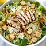 Caesar pasta salad with grilled chicken in a white bowl, featuring crisp Romaine lettuce, croutons, and shaved Parmesan, served on a marble counter.