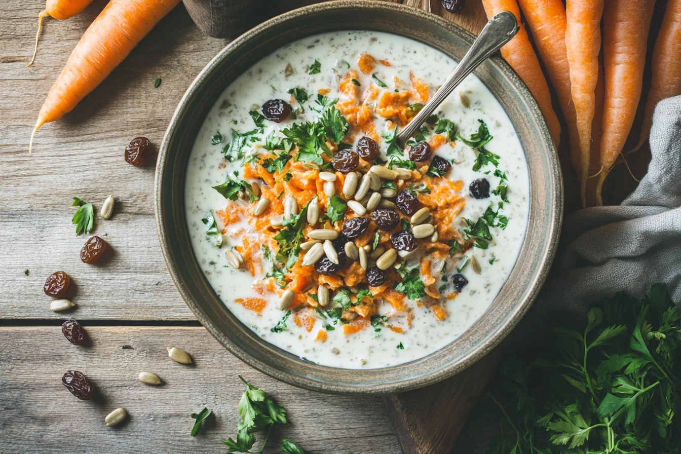 Fresh carrot raisin salad in a bowl with creamy dressing, garnished with sunflower seeds, surrounded by fresh carrots and raisins.