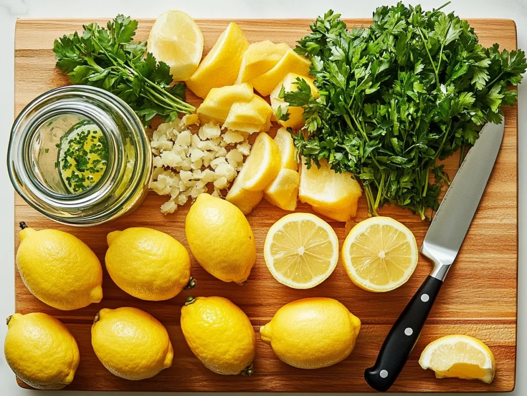 Fresh lemons with a citrus juicer and a glass of squeezed lemon juice, accented by parsley sprigs on a wooden cutting board.