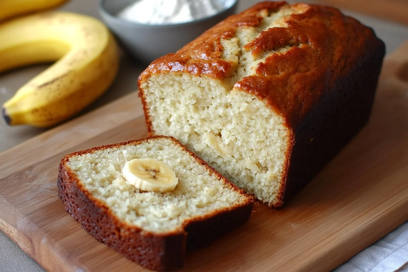 Freshly baked 4-ingredient banana bread on a wooden cutting board with sliced pieces, surrounded by bananas and flour.