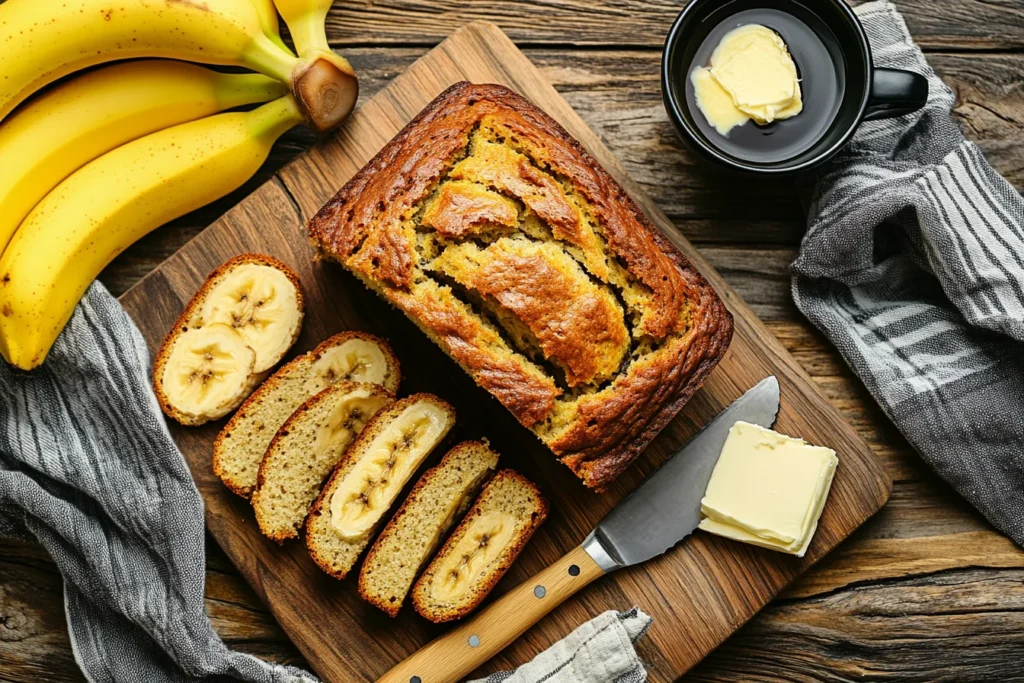 Freshly baked banana bread with two bananas, sliced to show its moist texture, arranged on a wooden cutting board with butter and coffee nearby.