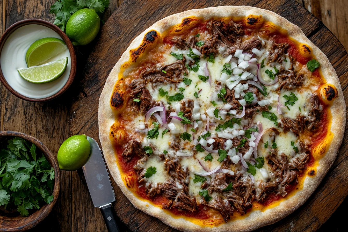 freshly baked birria pizza topped with cheese, birria meat, onions, and cilantro, served with lime wedges and birria consomé.