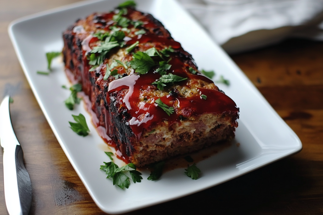 freshly baked meatloaf with a shiny ketchup glaze, sliced to show its tender interior, served on a white platter.