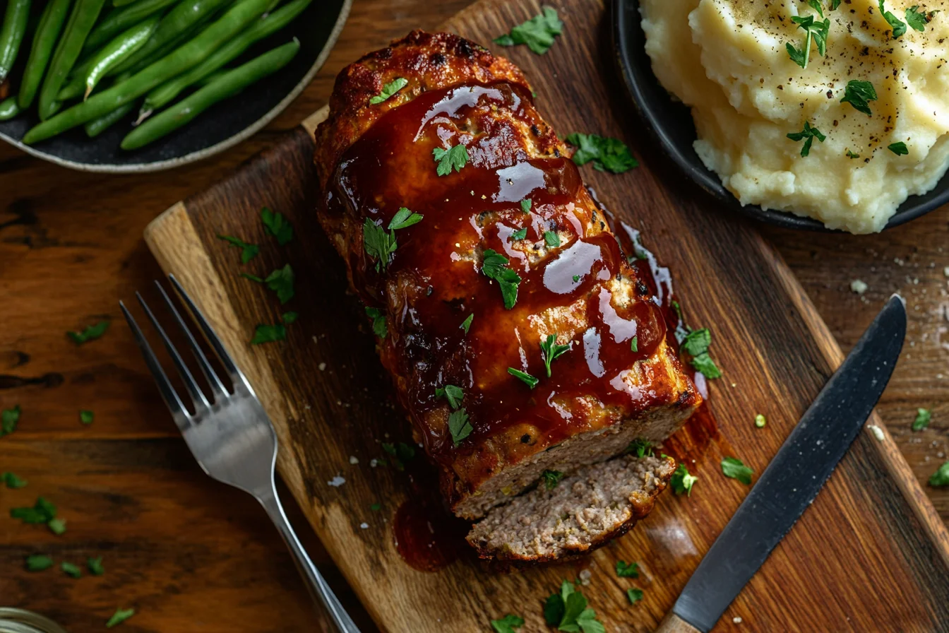 freshly baked meatloaf with a shiny glaze, sliced to show its juicy interior, served with mashed potatoes and green beans on a rustic board.