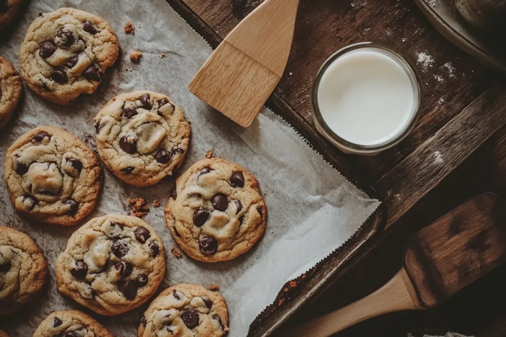 Freshly baked small batch chocolate chip cookies with golden edges and melted chocolate, placed on parchment paper with milk on the side.