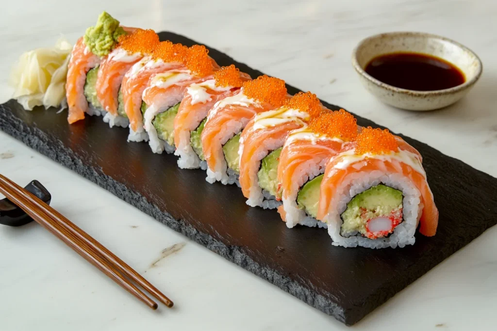 fresh salmon sushi rolls with avocado on a slate platter, surrounded by soy sauce, chopsticks, and wasabi in a minimalist setting.