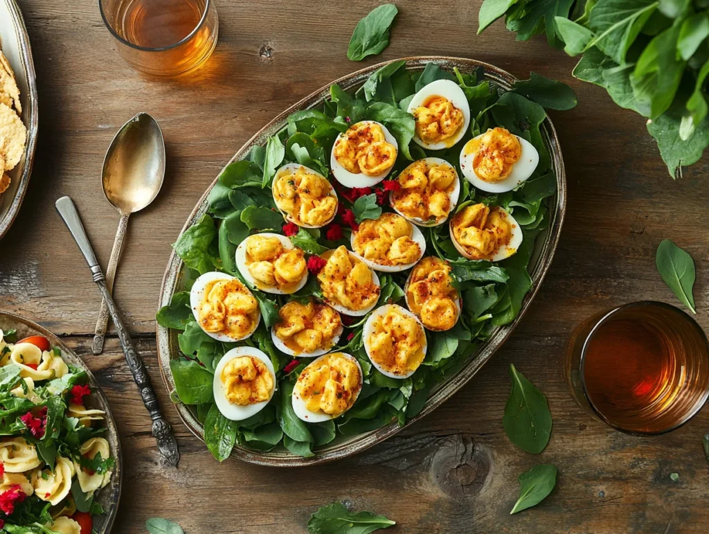 fried deviled eggs served with summer chicken tortellini salad, collard greens, and glasses of iced tea on a wooden table.