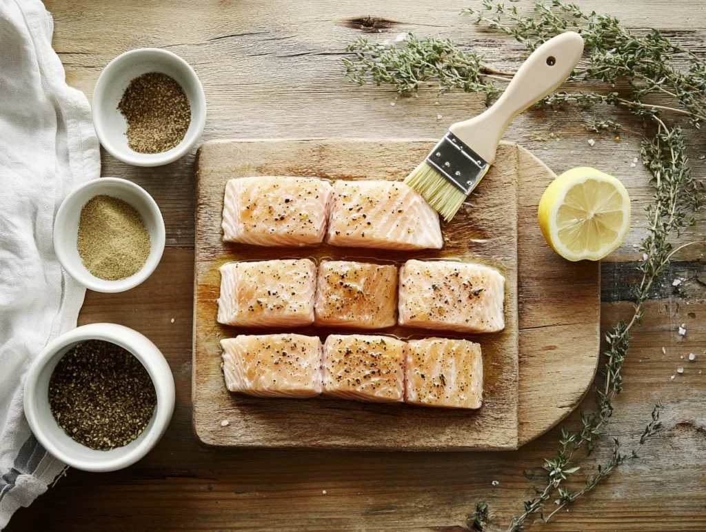 Frozen salmon fillets being brushed with olive oil on a cutting board with spices and lemon nearby.